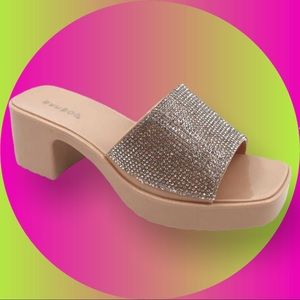 Bamboo Spice-03 Rhinestone Bling Band Jelly Slip-On Block Heel Sandals - Nude